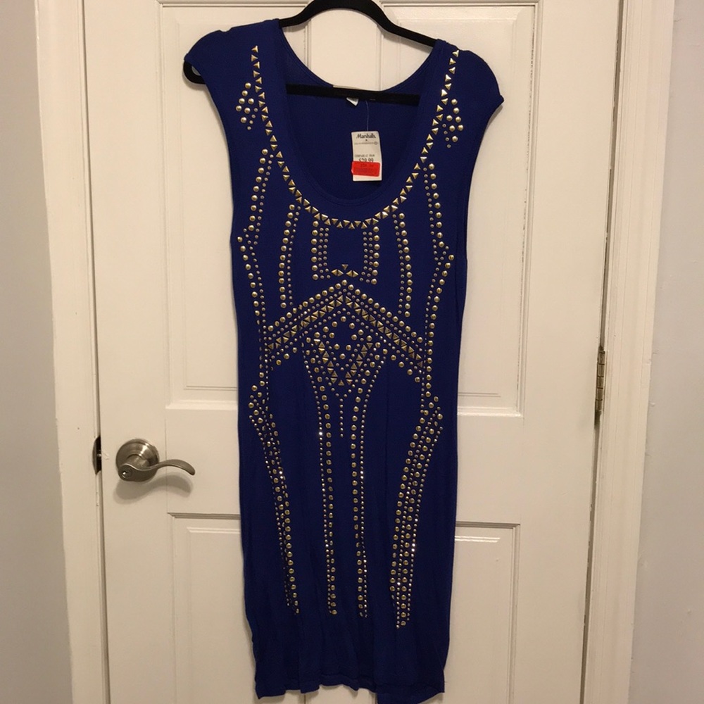 Blue midi bodycon dress with gold detail